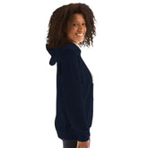 Navy unisex hoodie with hood and kangaroo pocket, side view