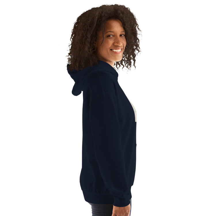 Navy unisex hoodie with hood and kangaroo pocket, side view