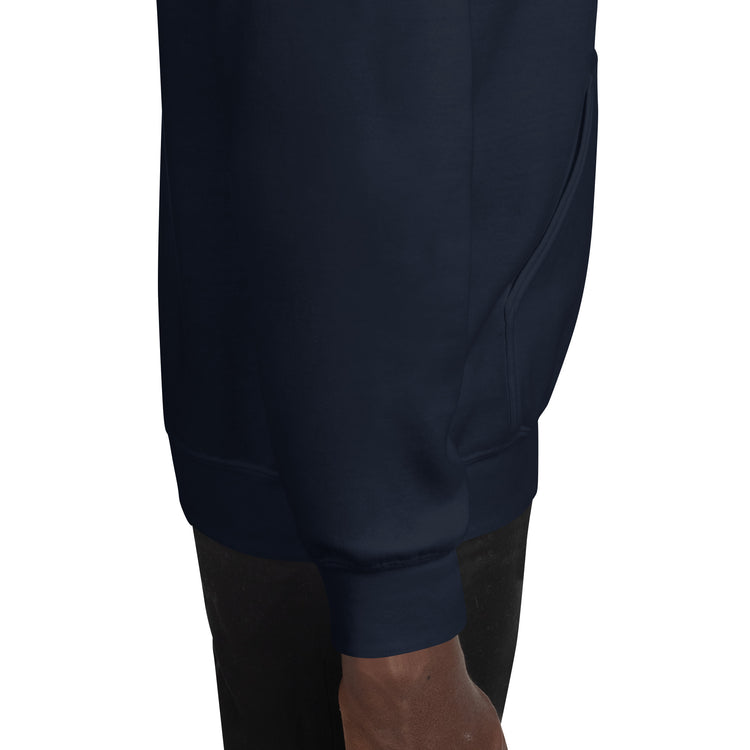 Navy unisex pullover hoodie kangaroo pocket area, close-up