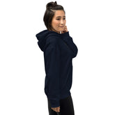 Unisex hoodie in navy with hood and kangaroo pocket, side view
