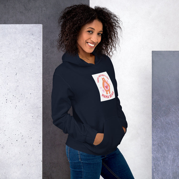 Dark navy unisex hoodie with hood and Mama Bear graphic patch on chest