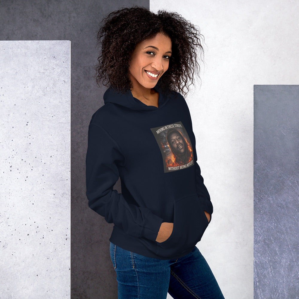 Navy streetwear hoodie with chest graphic and front pouch pocket