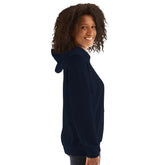 Navy pullover hoodie side view with long sleeves and drawstring hood