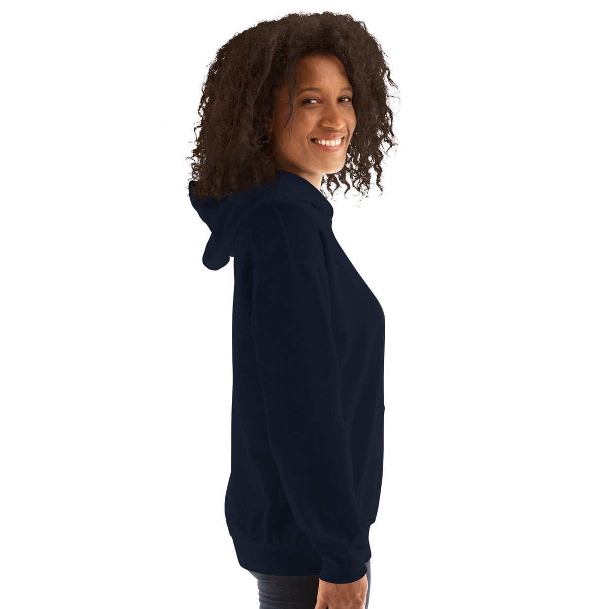 Navy pullover hoodie side view with long sleeves and drawstring hood