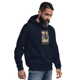 Navy unisex pullover hoodie front with hood, graphic chest print, and pocket