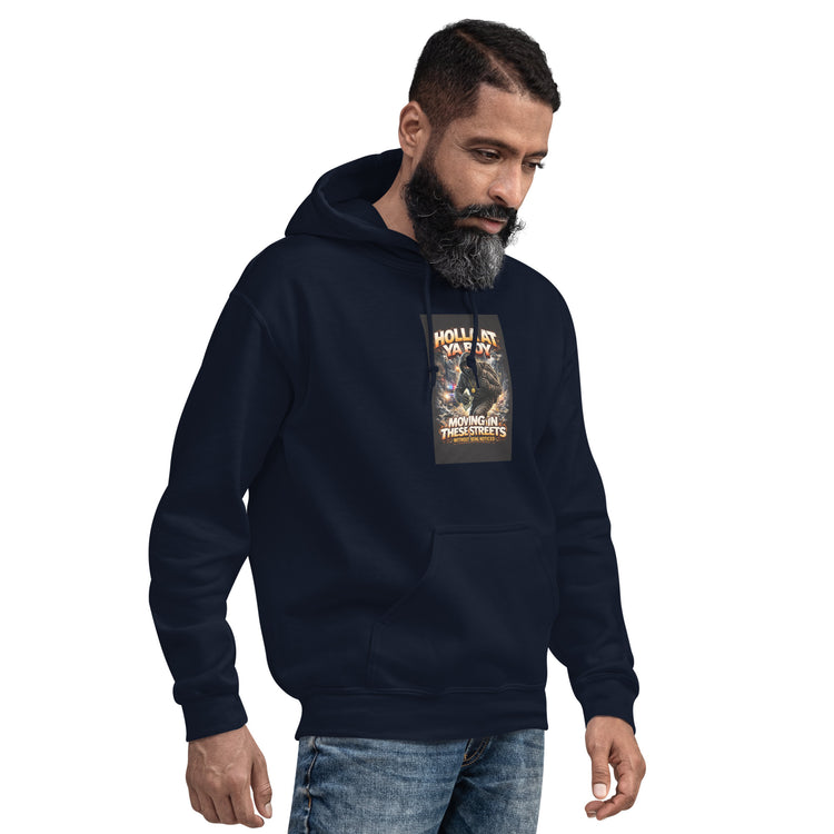 Navy unisex pullover hoodie front with hood, graphic chest print, and pocket