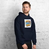 Unisex navy hoodie front quarter view with logo graphic