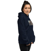 Unisex navy pullover hoodie with hood and front pouch pocket, chest photo graphic
