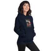 Navy unisex pullover hoodie with front graphic and hood, three-quarter view