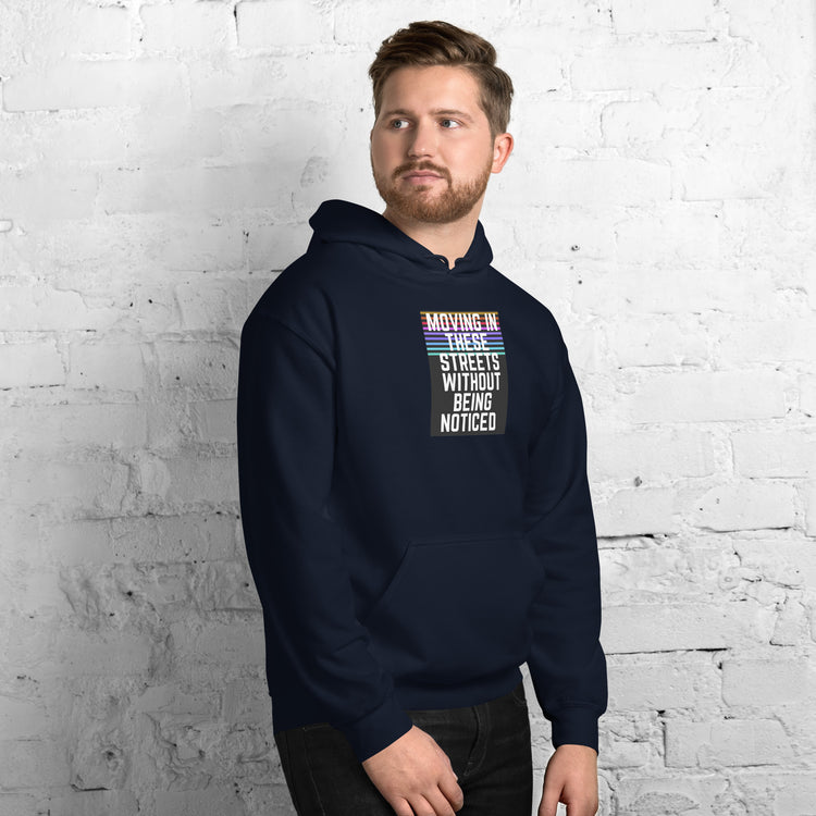 Navy unisex hoodie front view with hood, kangaroo pocket, and centered text graphic.