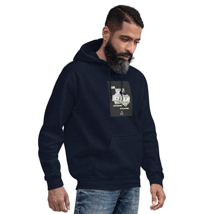 Unisex navy hoodie with front print and kangaroo pocket, side front view
