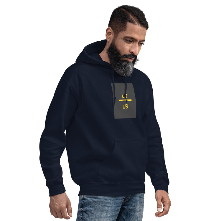Navy unisex hoodie with hood, front pouch pocket, and small chest graphic patch.