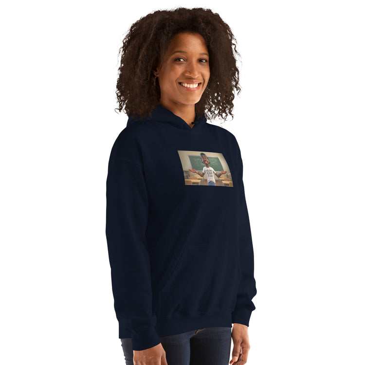 Navy unisex hoodie with hood, front pocket, chest graphic print