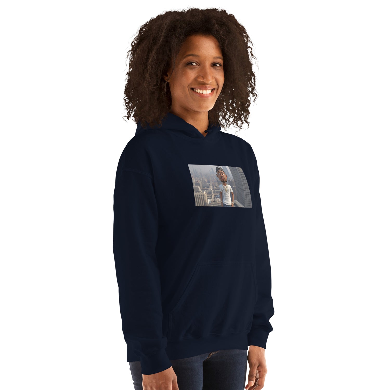 Unisex-Hoodie navy mit Frontdruck-Graphic und Kängurutasche, Kapuze
