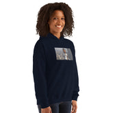 Navy pullover hoodie with hood and large chest photo-style graphic.