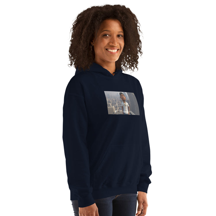 Navy pullover hoodie with hood and large chest photo-style graphic.