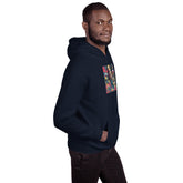 Navy unisex hoodie with chest graphic print, side view, hood and pouch pocket.