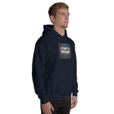 Unisex navy hoodie with chest graphic, pullover hood and kangaroo pocket.