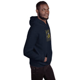 Navy unisex hoodie with hood and front chest graphic, side profile