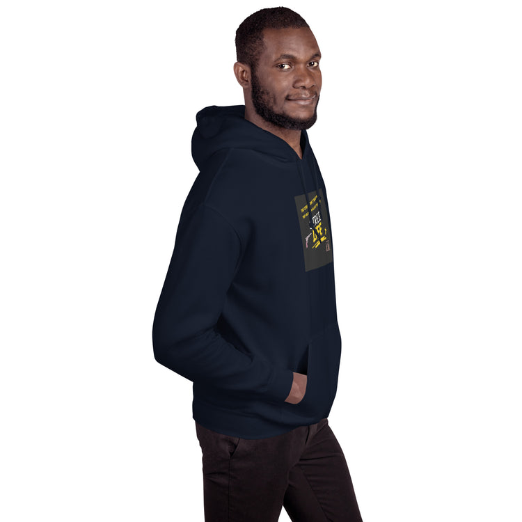 Navy unisex hoodie with hood and front chest graphic, side profile