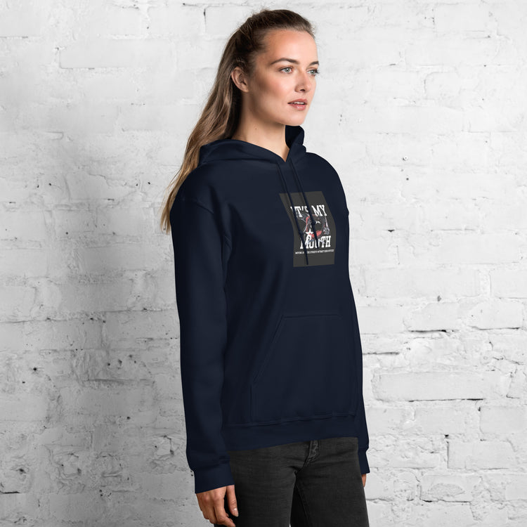 Navy unisex pullover hoodie with hood and front pocket, chest graphic panel visible