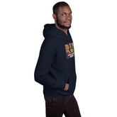 Navy unisex pullover hoodie with chest graphic, side view