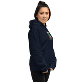Unisex hoodie in navy with chest logo patch, hood and kangaroo pocket