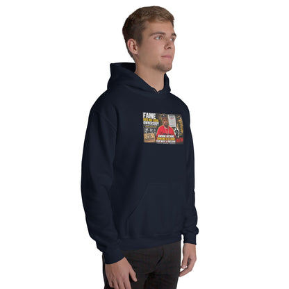 Dark navy unisex hoodie with front graphic print and kangaroo pocket