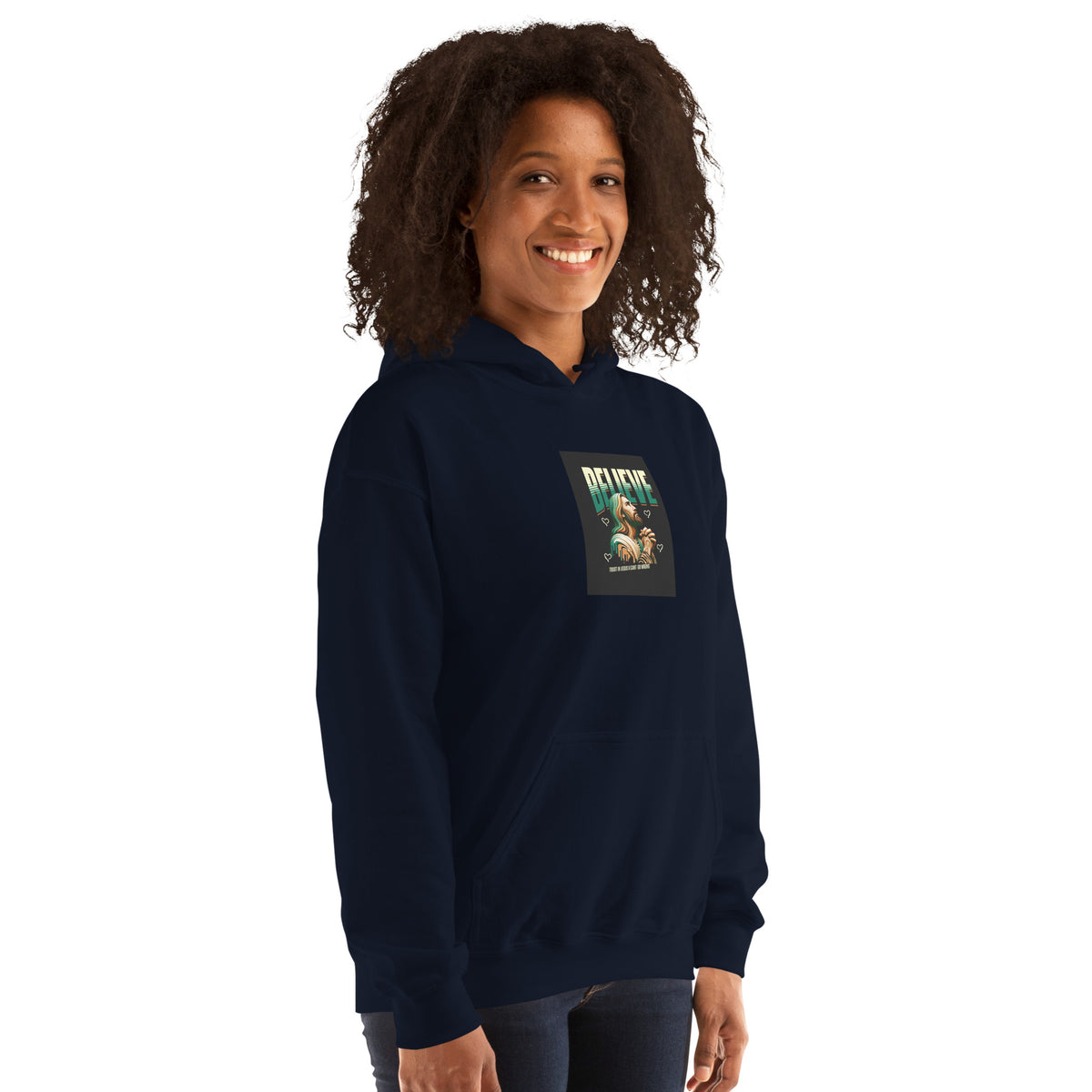 Navy pullover hoodie front view with faith graphic on chest and hood