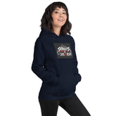 Navy unisex hoodie with kangaroo pocket and Streets graphic on the front