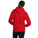 Unisex red hoodie back view with hood and ribbed hem, model standing