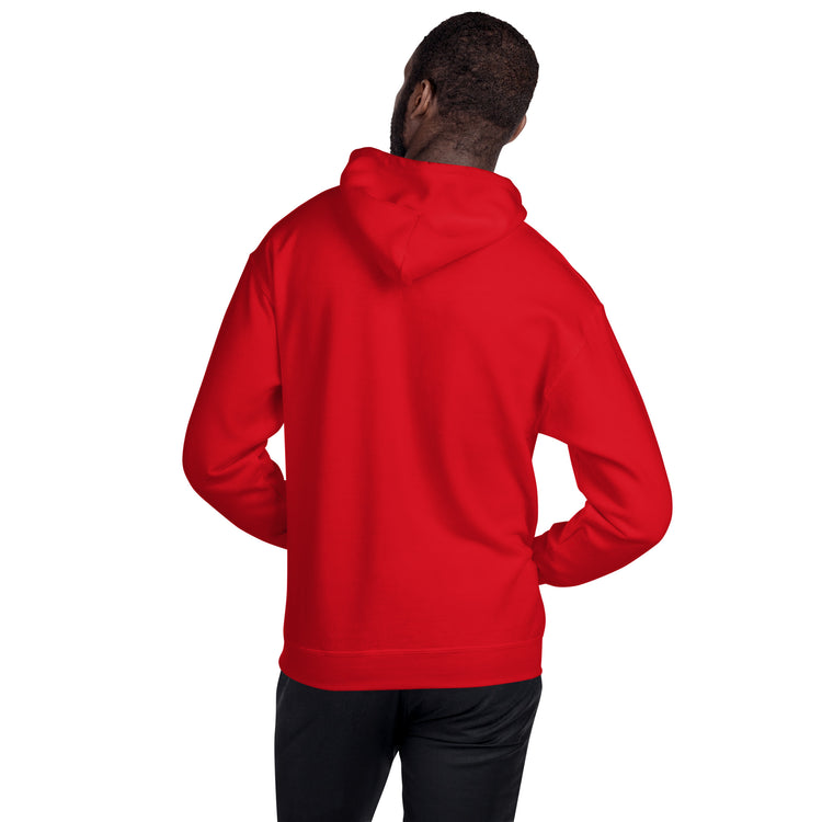 Red unisex hoodie with hood and long sleeves, rear side view