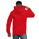 Unisex red hoodie with hood and kangaroo pocket, back view