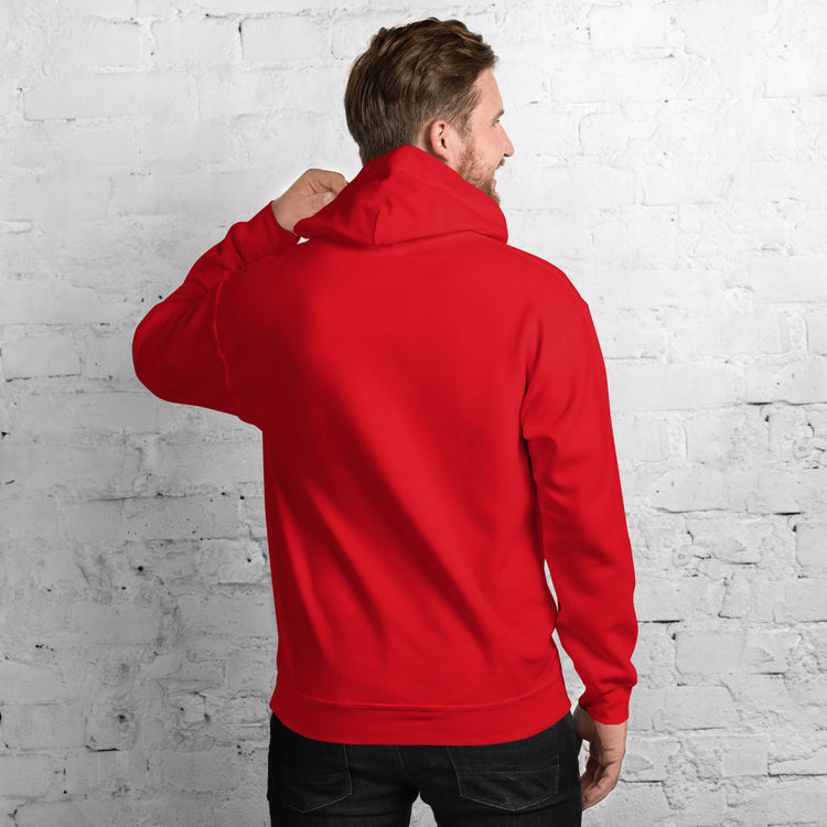 Red unisex hoodie back view with hood and full-length sleeves.