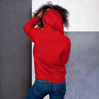 Unisex hoodie rot, Rückansicht mit Kapuze und Kängurutasche