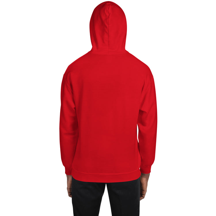 Unisex red hoodie with hood up and long sleeves, back view