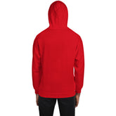 Red unisex hoodie back view with hood and ribbed hem