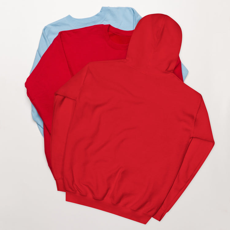 Red hoodie, front view with hood up and front pocket