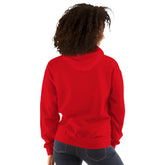 Red hoodie back view with hood and kangaroo pocket, relaxed unisex streetwear