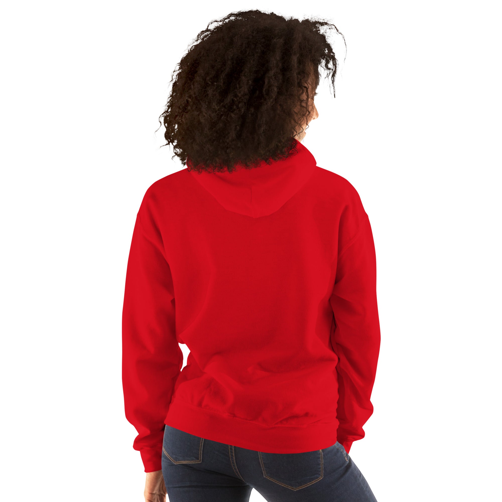 Red hoodie back view with hood and kangaroo pocket, relaxed unisex streetwear