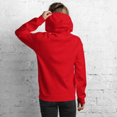 Unisex red hoodie, back view with hood and long sleeves