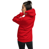 Red unisex hoodie, hood up, front pocket, long sleeves