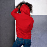 Red hoodie with hood and front pouch pocket, back/side view