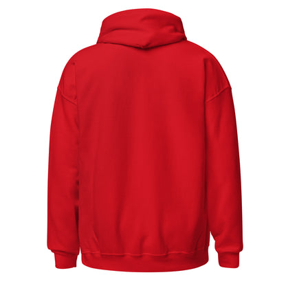 Red unisex pullover hoodie from back view with hood and loose fit