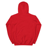 Red pullover hoodie, back view with hood and kangaroo pocket