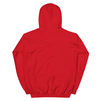 Red pullover hoodie back view with hood and ribbed cuffs and hem.