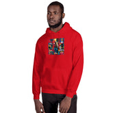 Unisex red hoodie with front graphic print and kangaroo pocket, worn on model