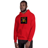 Red unisex pullover hoodie with chest graphic logo patch and front pouch pocket