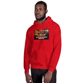 Red unisex hoodie with front graphic, hood, and kangaroo pocket