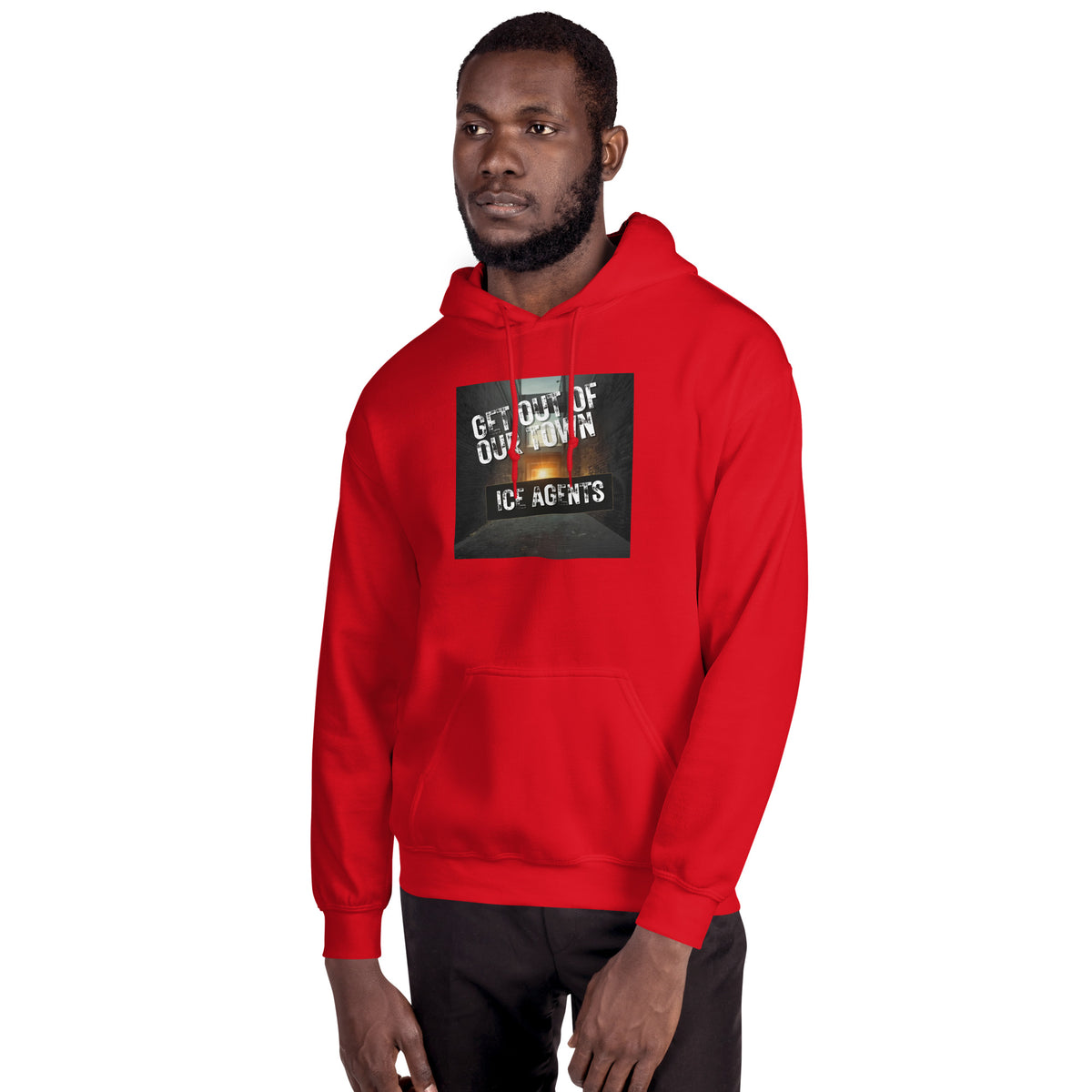 Red pullover hoodie with hood, kangaroo pocket, square chest graphic print.